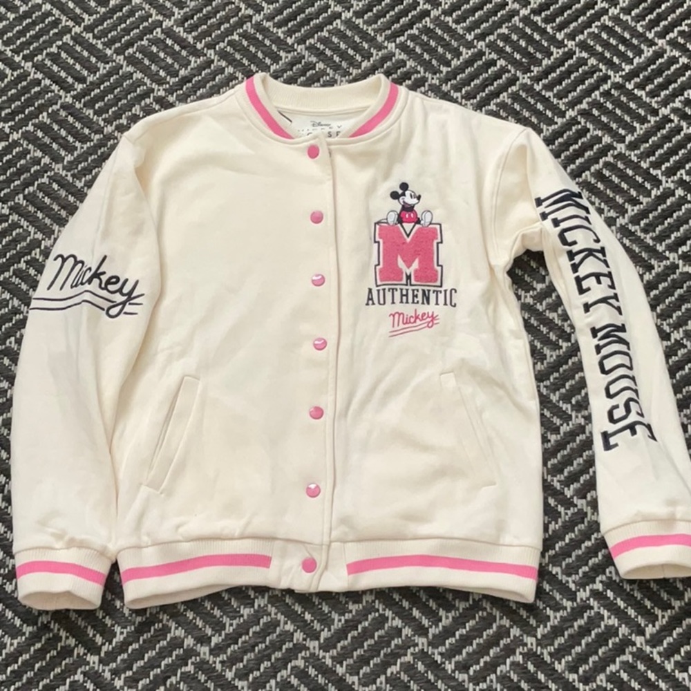 Disney Mickey Bomber M Varsity Jacket Coat Cream Pink Embroidery S M L New